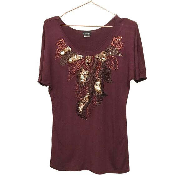 Daytrip sequins top size small short sleeved burgundy and gold - Picture 1 of 5
